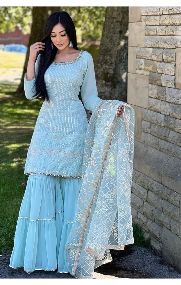 Aqua Blue Chinnon Silk Sharara Suit with Heavy Embroidery and Sequin Detailing for Weddings & Festivals