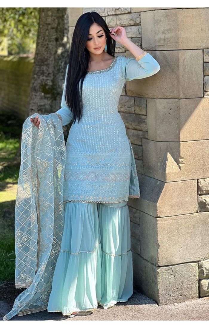 Aqua Blue Chinnon Silk Sharara Suit with Heavy Embroidery and Sequin Detailing for Weddings & Festivals