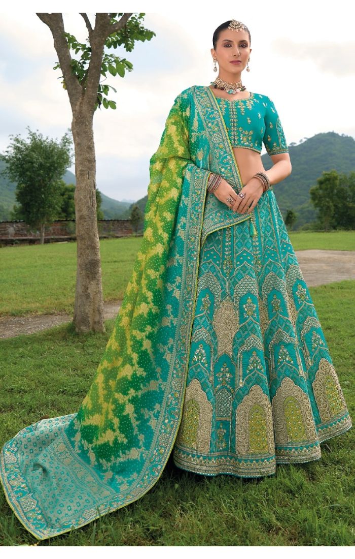 Aqua Gold Banarasi Lehenga – Traditional Bridal & Festive Wear