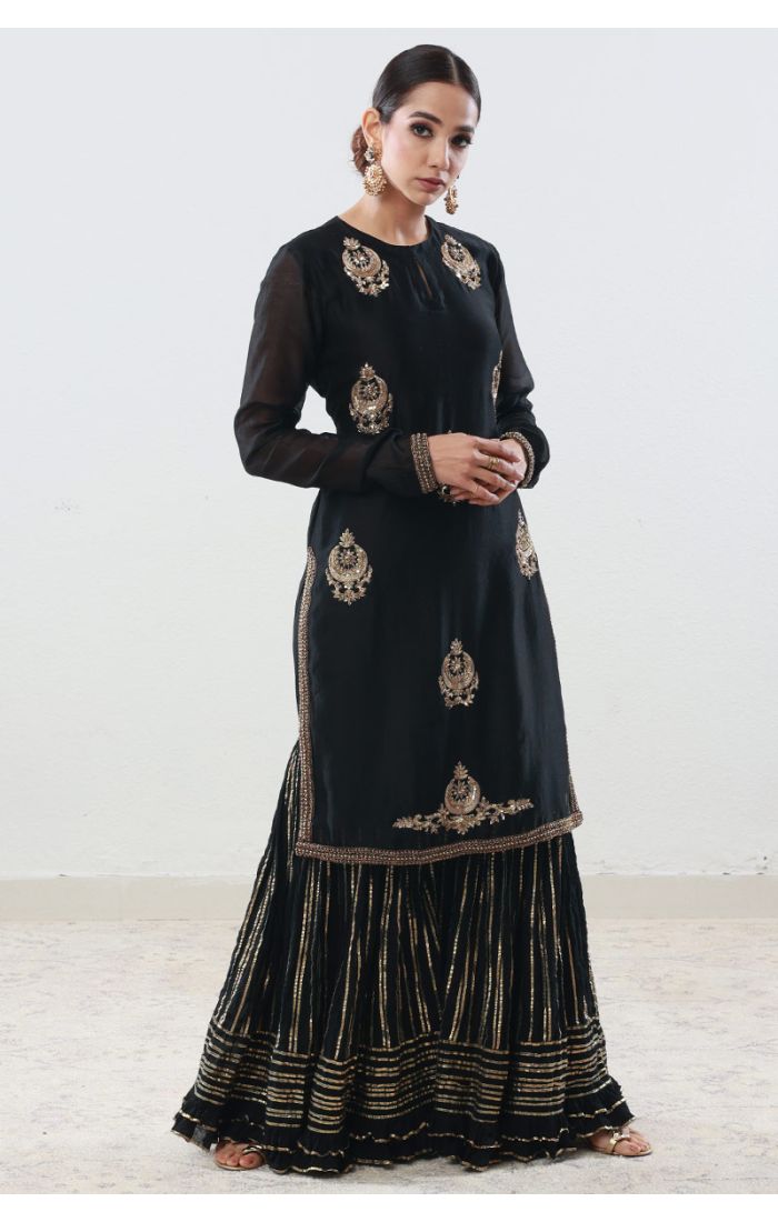 Elegant Black Chanderi Chand Buta Sharara Suit with Golden Embroidery – Wedding and Festive Wear