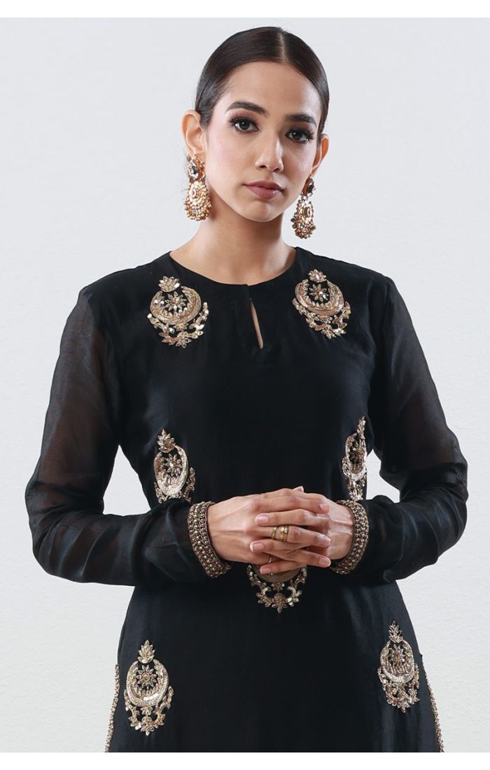 Elegant Black Chanderi Chand Buta Sharara Suit with Golden Embroidery – Wedding and Festive Wear