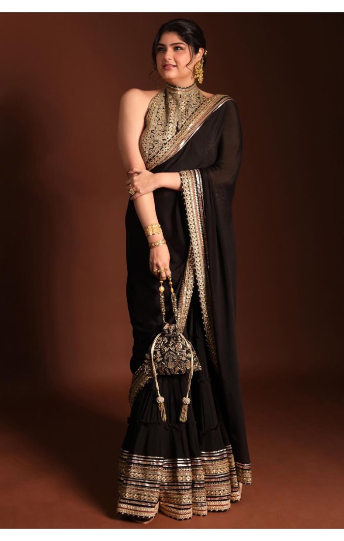 Black Embroidered Designer Saree with Intricate Golden Detailing - Perfect for Elegant Evenings and Festive Celebrations (SREA2282)