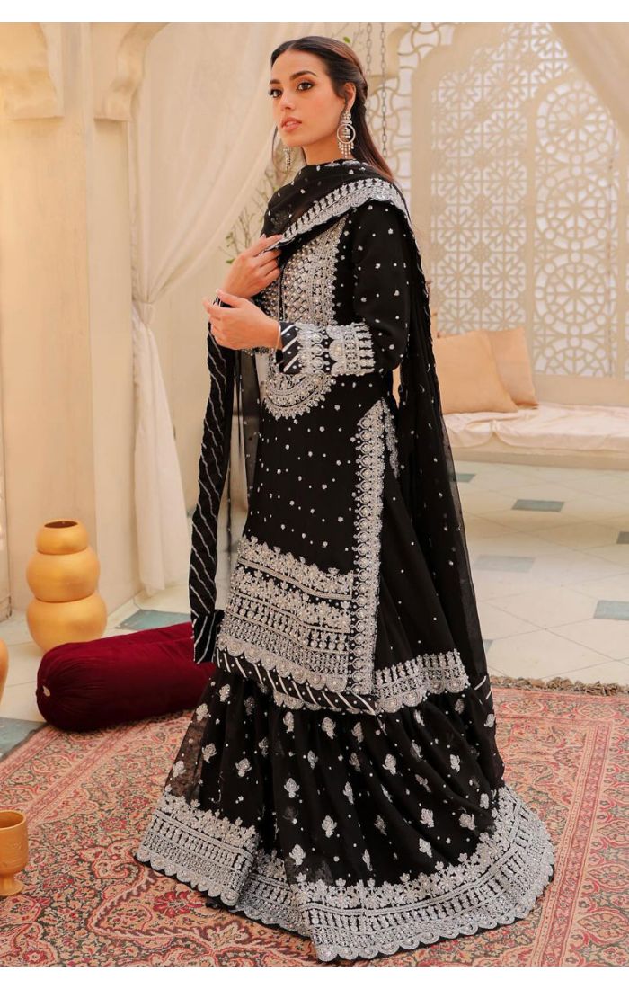 Black Embroidered Sharara Set with Silver Detailing - Perfect for Eid Celebrations (SALA5625)