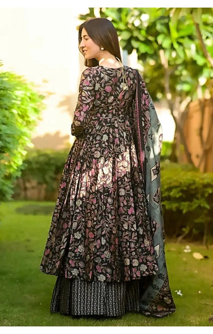 Black Floral Anarkali Kurta Set with Gold Foil Print, Wedding & Festive Wear for Women