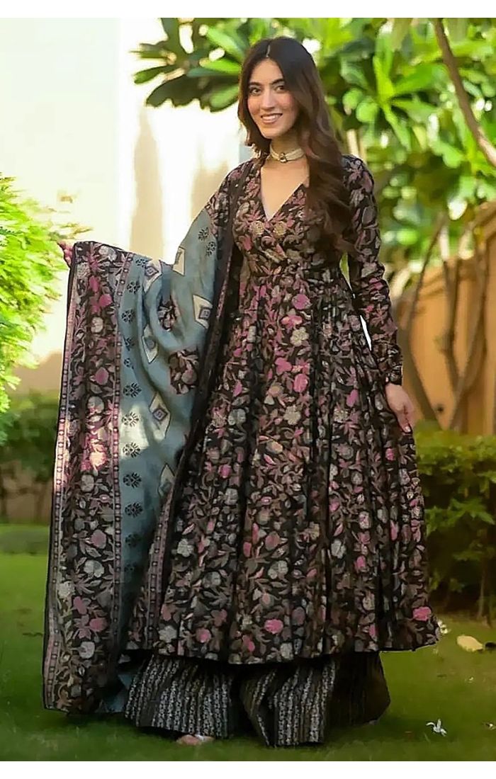 Black Floral Anarkali Kurta Set with Gold Foil Print, Wedding & Festive Wear for Women