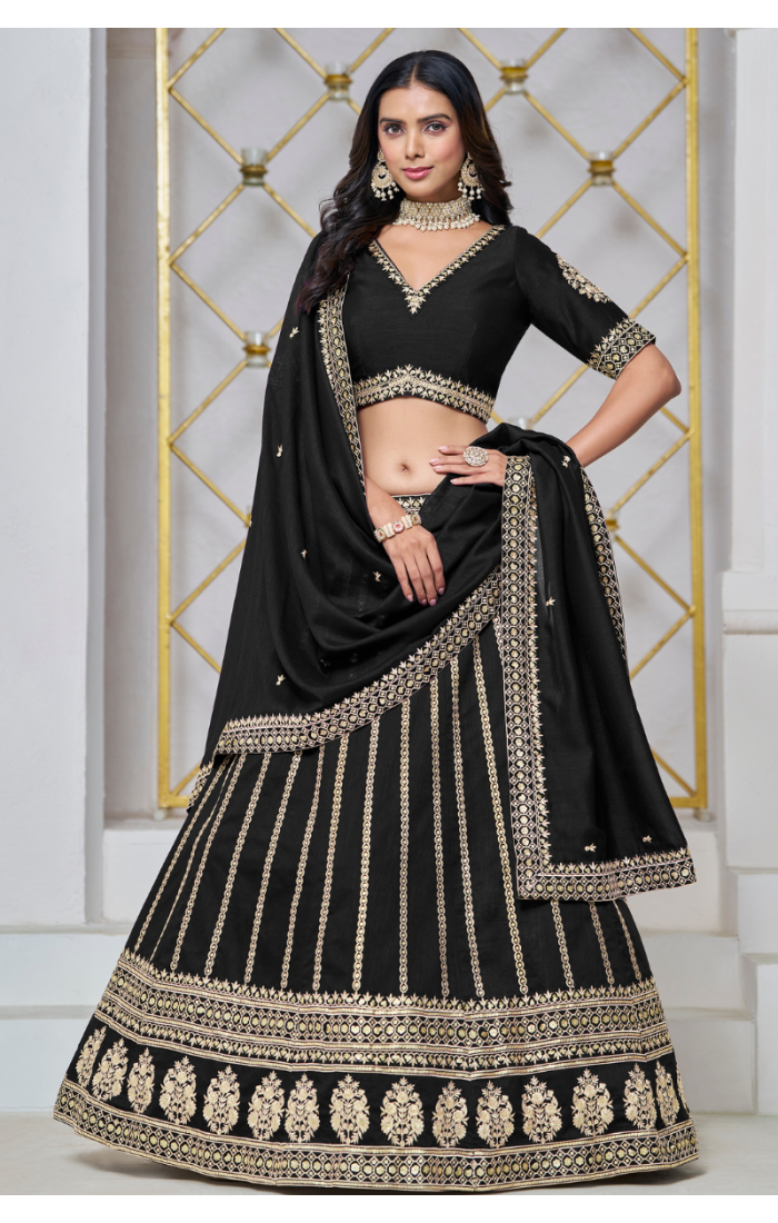 Black and Gold Wedding Lehenga Choli with Zari Embroidery and Sequins Work - Ideal for Festive and Wedding Wear