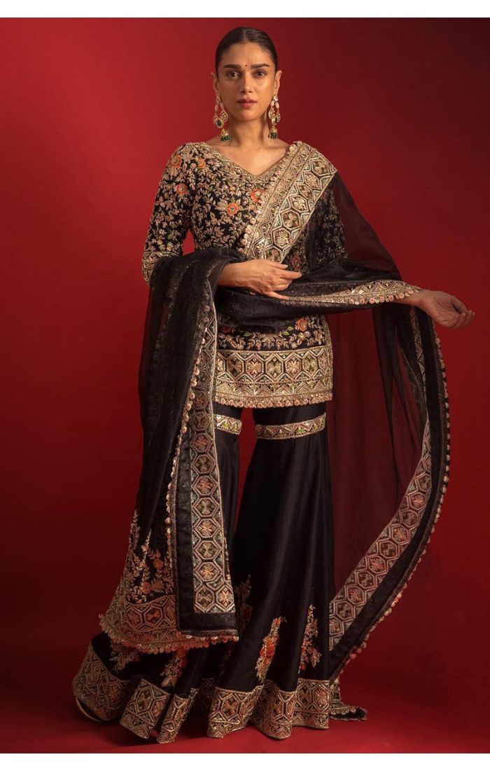 Black & Gold Zardozi Sharara Suit – Hand-Embroidered Wedding & Festive Wear UK