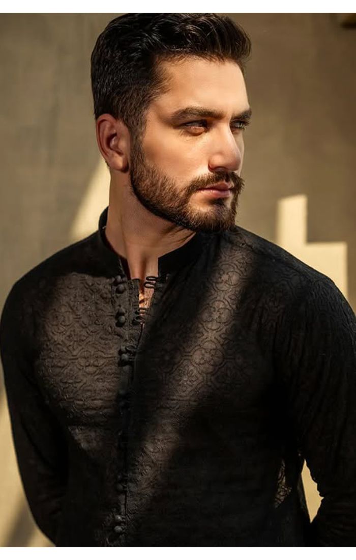 Black jacquard embroidered kurta for men – Eid, wedding, and festive wear in USA, Canada, UK, Germany, and more.