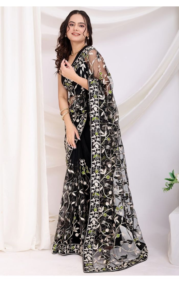 Black Soft Net Embroidered Saree with Sleeveless Mono Bangalori Silk Blouse – Party & Festive Wear