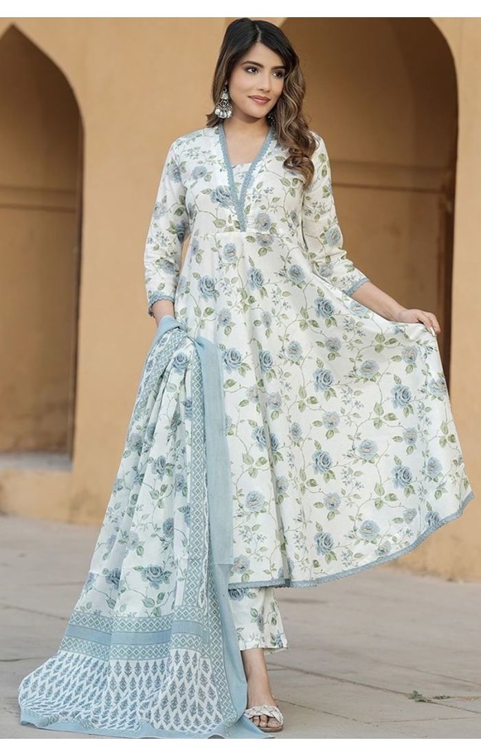 Blue Mist Floral Anarkali Suit with Dupatta – Summer Ethnic Fashion for Women