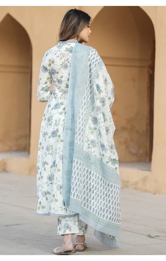 Blue Mist Floral Anarkali Suit with Dupatta – Summer Ethnic Fashion for Women