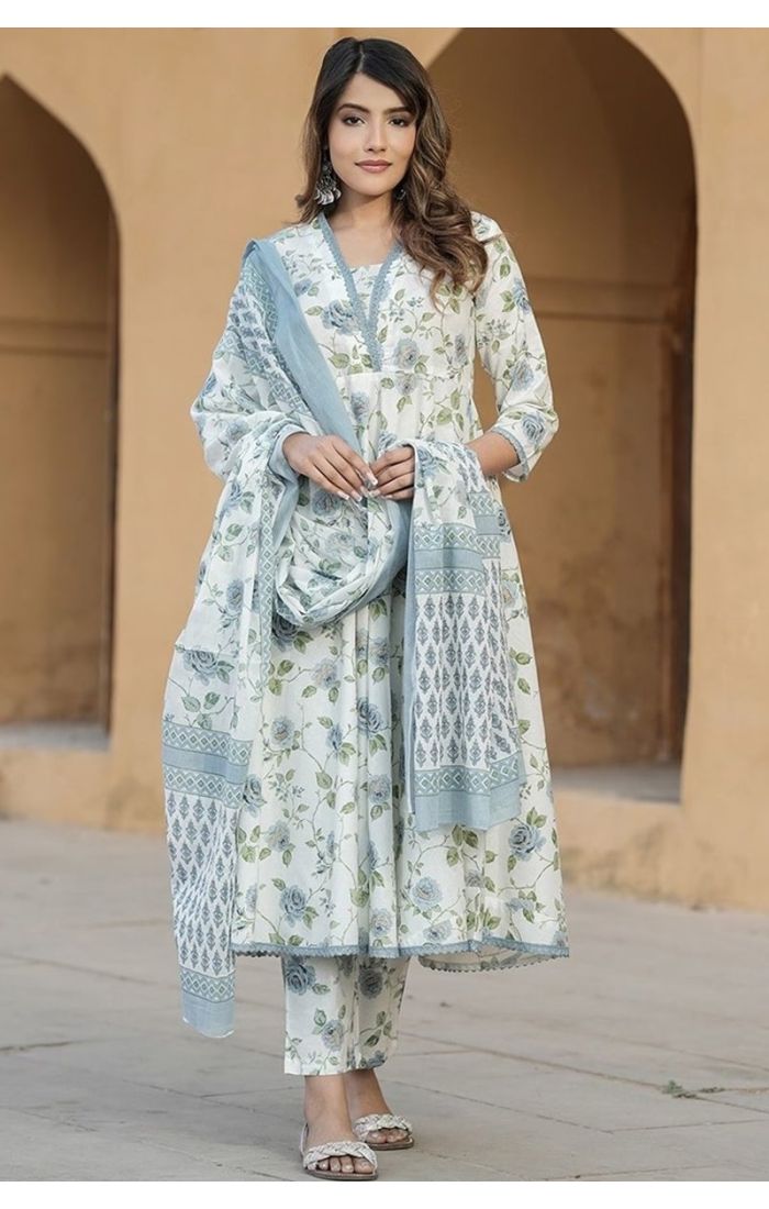 Blue Mist Floral Anarkali Suit with Dupatta – Summer Ethnic Fashion for Women