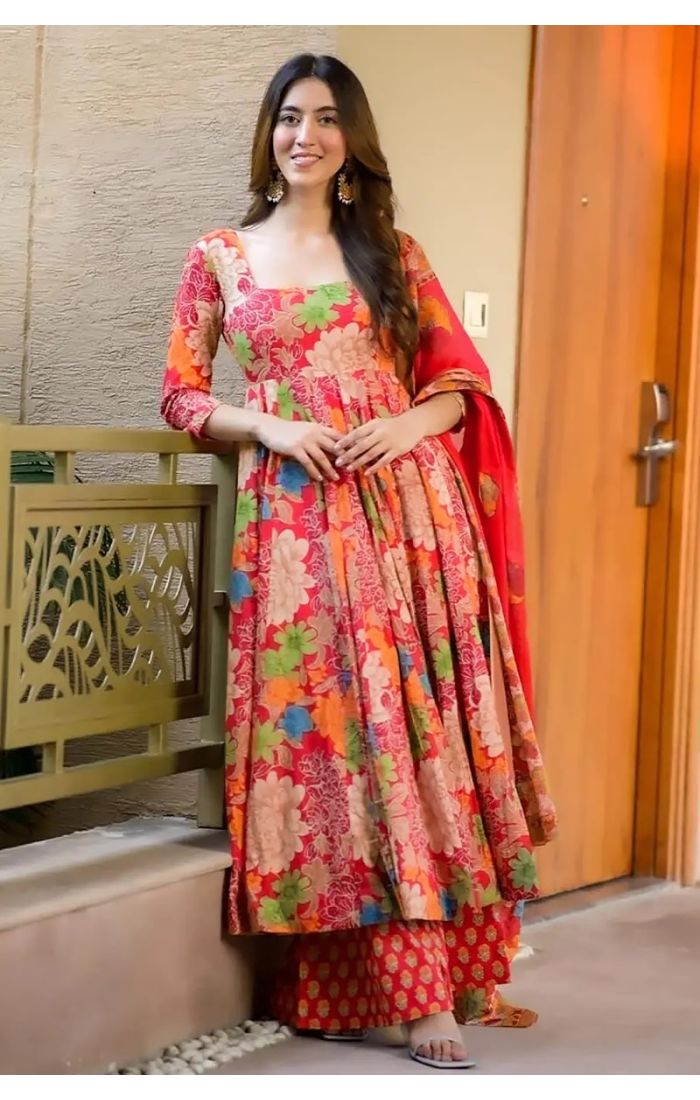 Pink floral Anarkali kurta set with organza dupatta, perfect for weddings and festivals