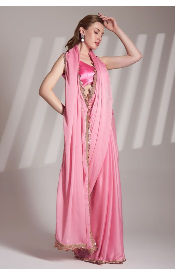 Blush Pink Chiffon Designer Saree with Art Silk Blouse & Embellished Border – Wedding & Festive Wear