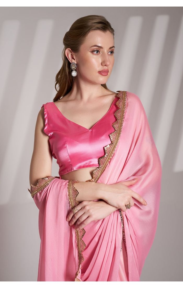 Blush Pink Chiffon Designer Saree with Art Silk Blouse & Embellished Border – Wedding & Festive Wear