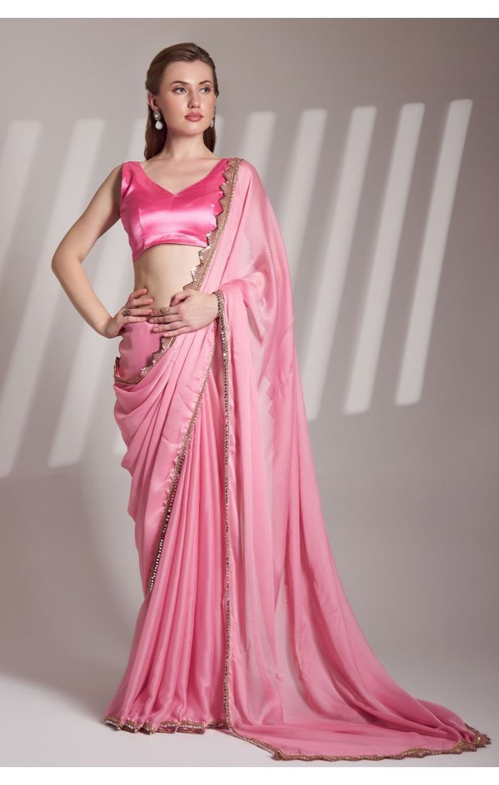 Blush Pink Chiffon Designer Saree with Art Silk Blouse & Embellished Border – Wedding & Festive Wear