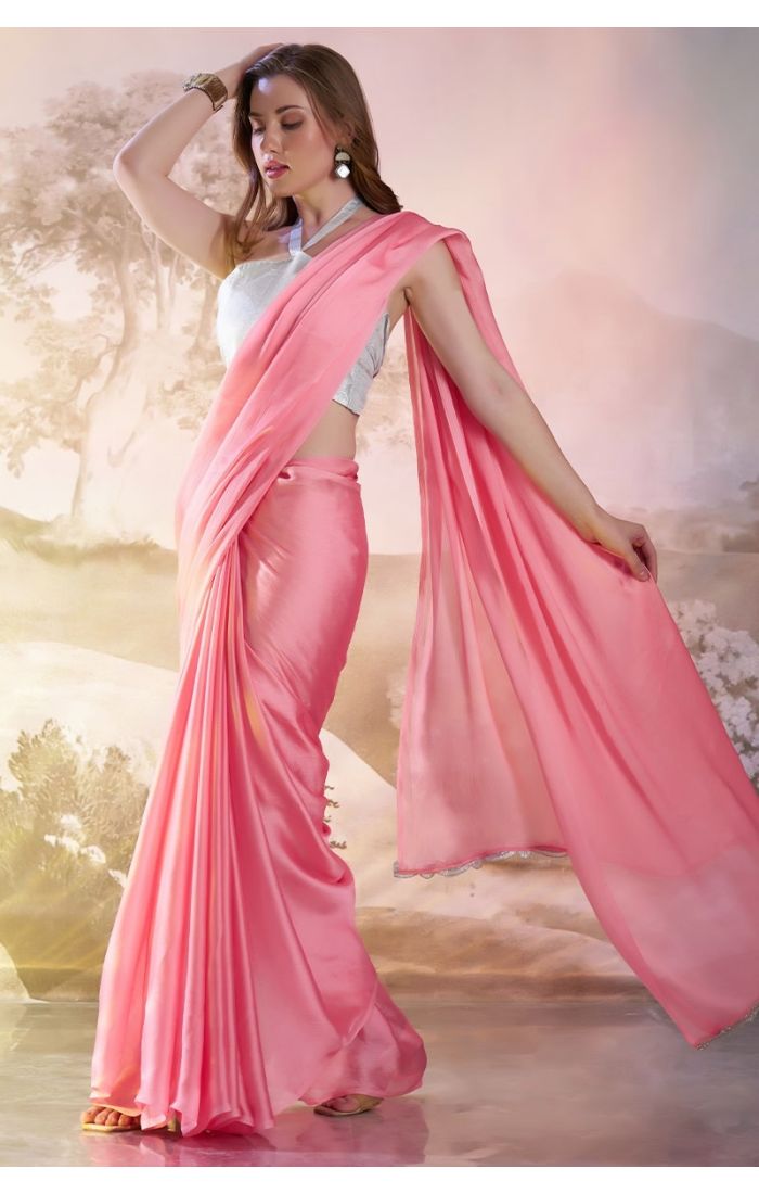 Blush pink chiffon saree with silver halter neck blouse – Elegant wedding and party wear saree