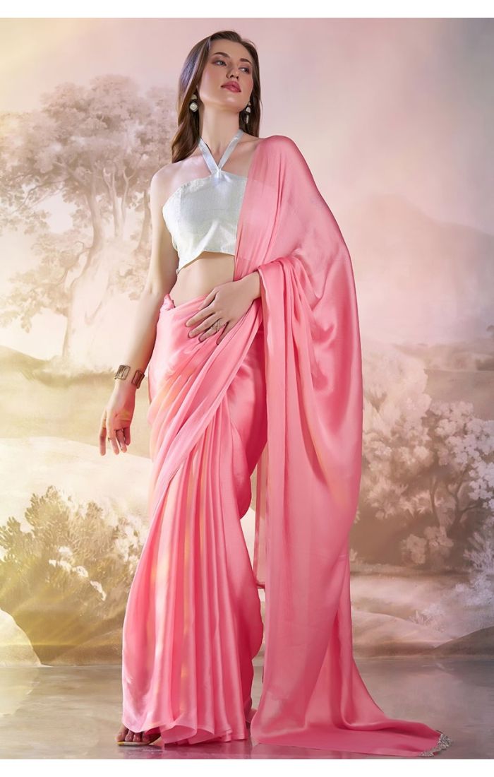 Blush pink chiffon saree with silver halter neck blouse – Elegant wedding and party wear saree