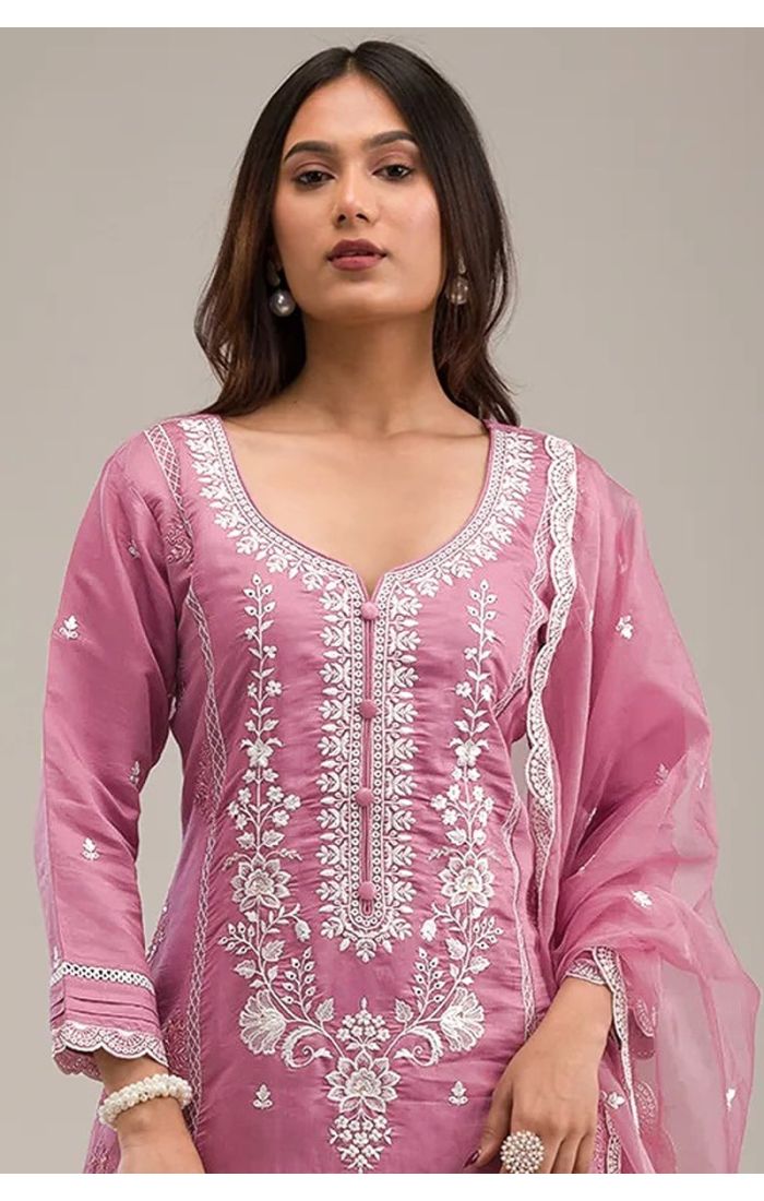 Blush Pink Cotton Chikankari Embroidered Salwar Suit with Dupatta for Weddings and Festivals