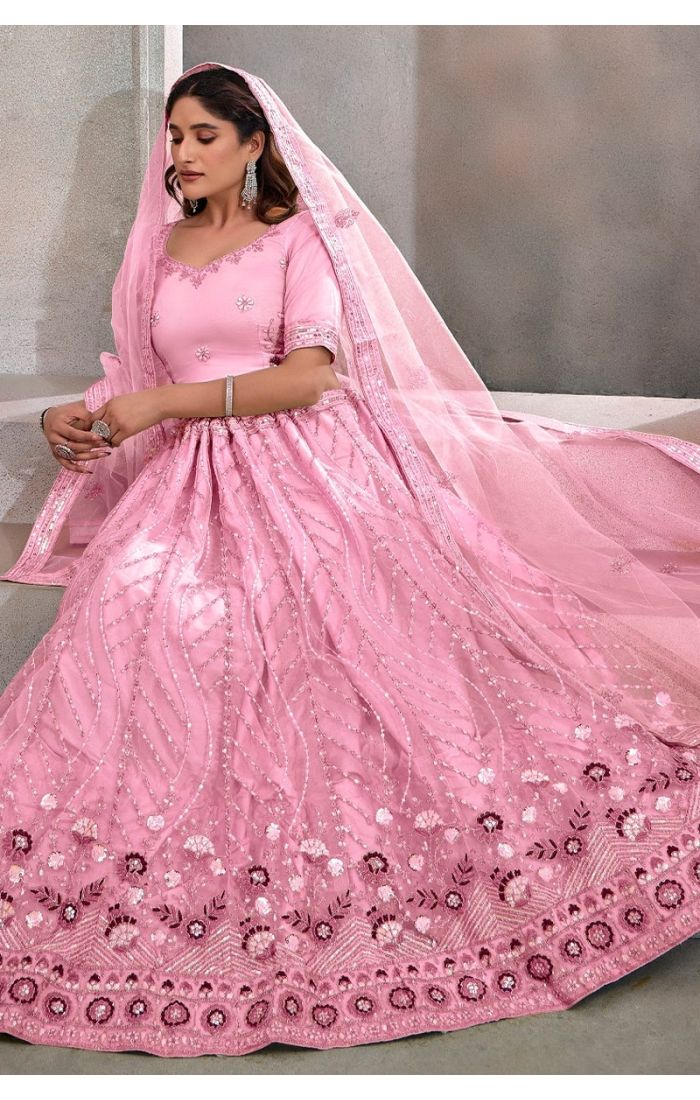 Blush Pink Net Embroidered Lehenga Choli with Sequin & Floral Zari Work for Weddings & Festivals