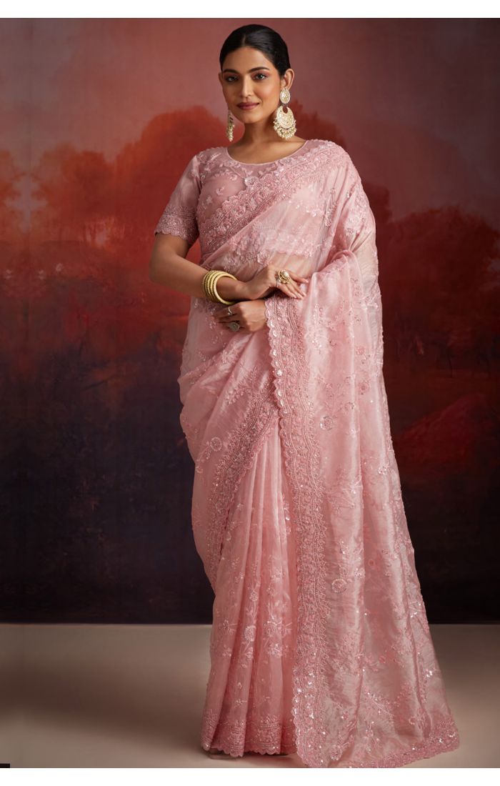 Blush Pink Net Saree with Floral Embroidery for Weddings & Eid Celebrations