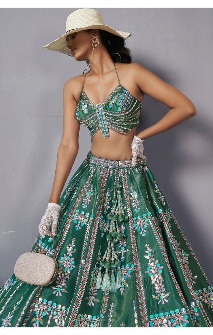 High-End Emerald Green Silk Lehenga Choli with Mirror Work & Pink Organza Dupatta — Bridal Collection