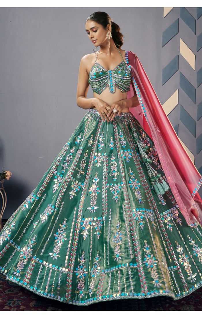 Emerald green premium silk satin lehenga choli with mirror embroidery and pink organza dupatta full view — Appelle Fashion UK