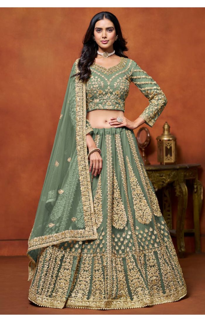 Olive Green Embroidered Net Lehenga with Golden Detailing - Perfect for Weddings and Festive Celebrations