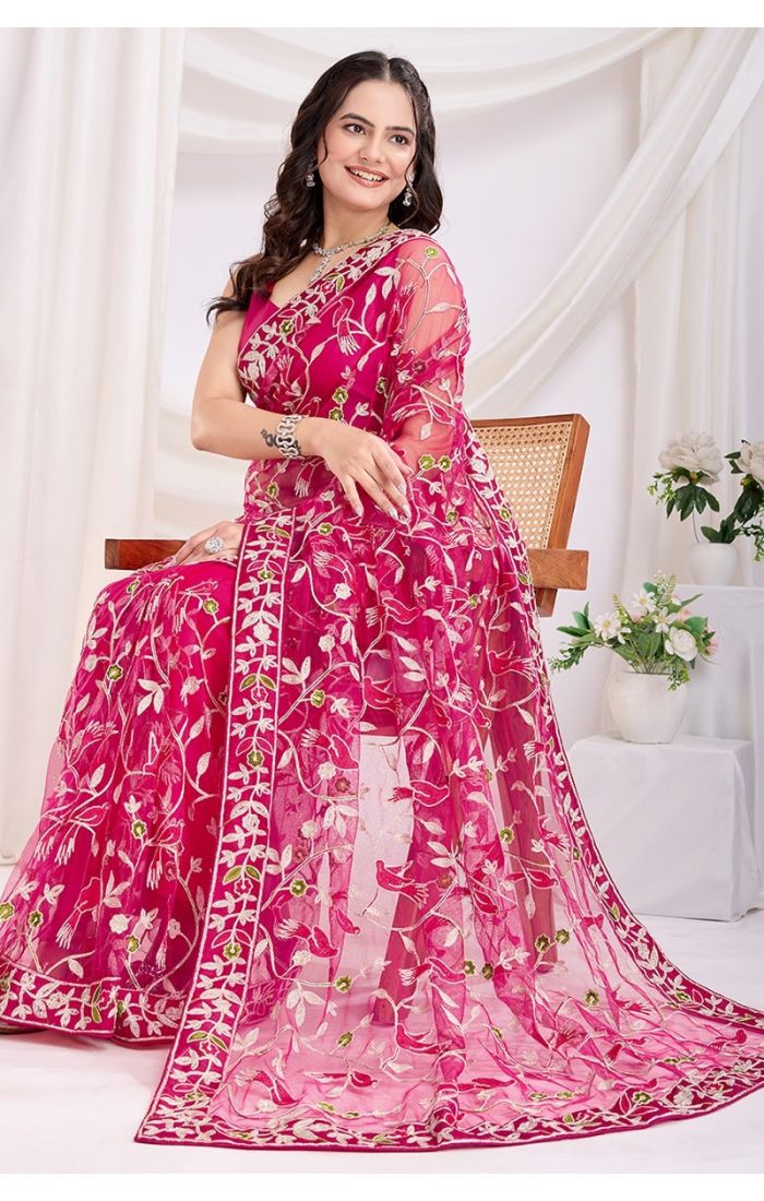 Dark Pink Soft Net Embroidered Saree with Silk Blouse – Wedding & Festive Wear