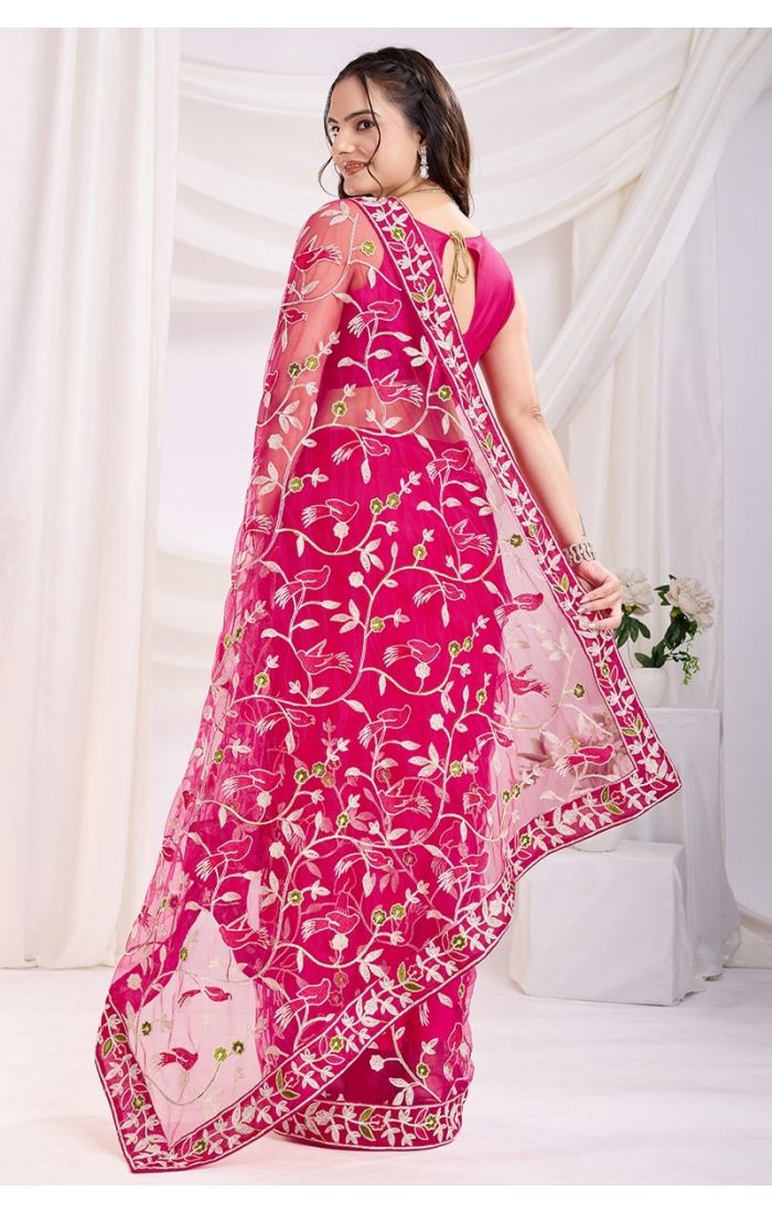 Dark Pink Soft Net Embroidered Saree with Silk Blouse – Wedding & Festive Wear