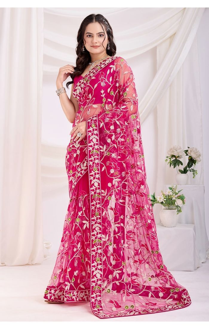 Dark Pink Soft Net Embroidered Saree with Silk Blouse – Wedding & Festive Wear