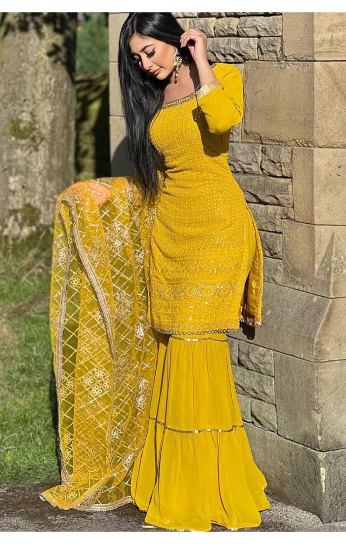 Mustard Yellow Embroidered Sharara Set with Dupatta