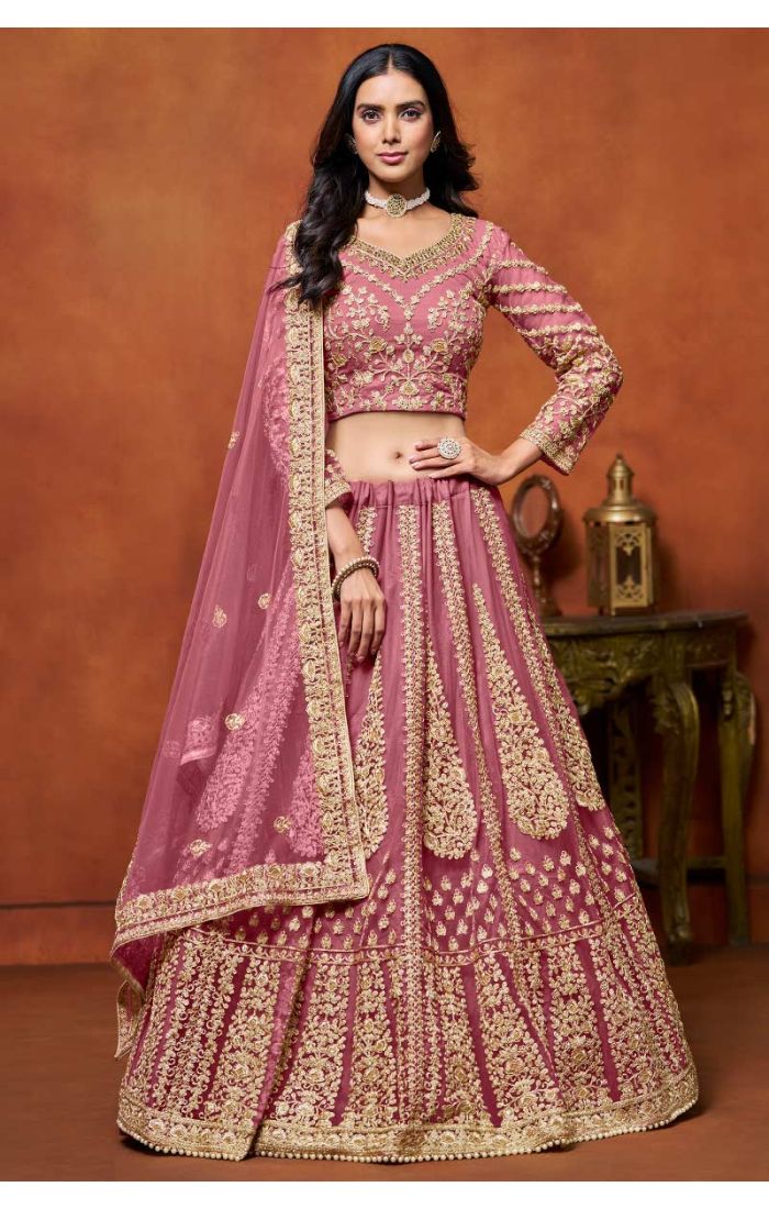 Designer Dusty Pink Embroidered Net Lehenga with Golden Details - Perfect for Weddings and Festive Celebrations