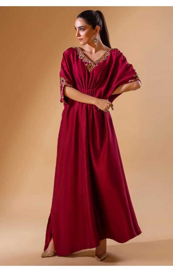 Elegant Maroon Pakistani Suit with Golden Embroidery for Weddings