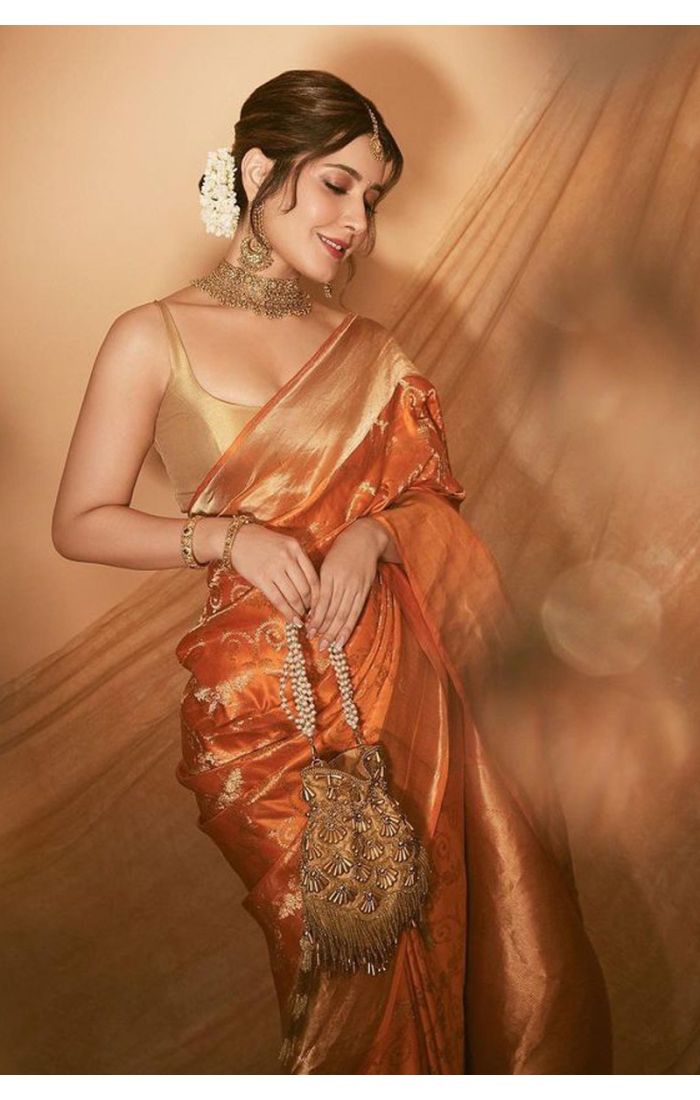 Designer Orange Banarasi Silk Saree with Golden Blouse - SREA2280