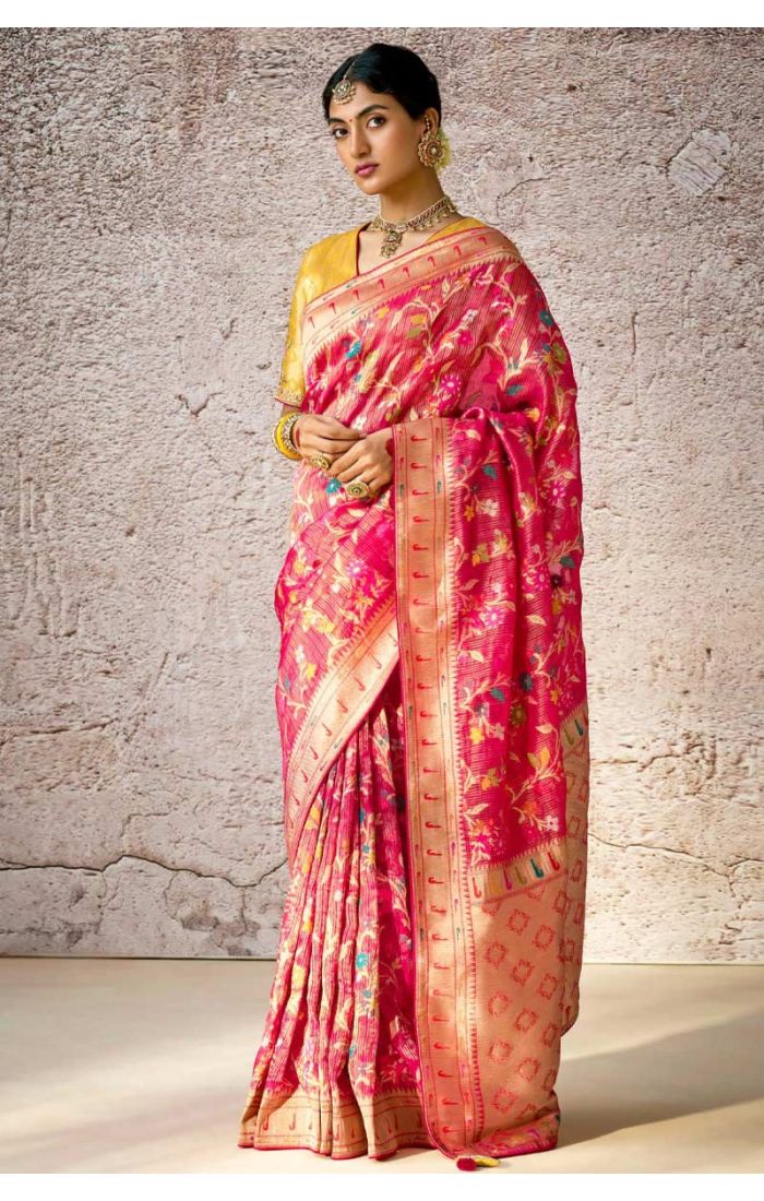 Designer Pink Banarasi Silk Saree with Yellow Embroidered Blouse - Perfect for Weddings and Festive Celebrations