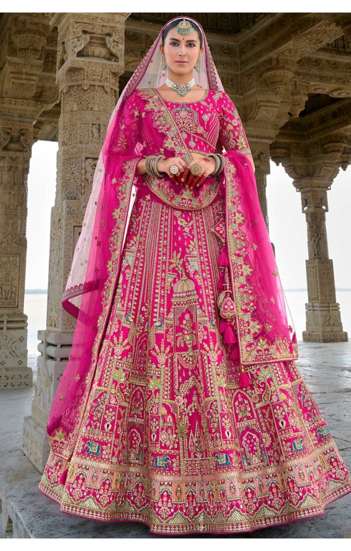 Designer Pink Bridal Lehenga with Zardosi Work, ideal for weddings and crafted with premium detailing.