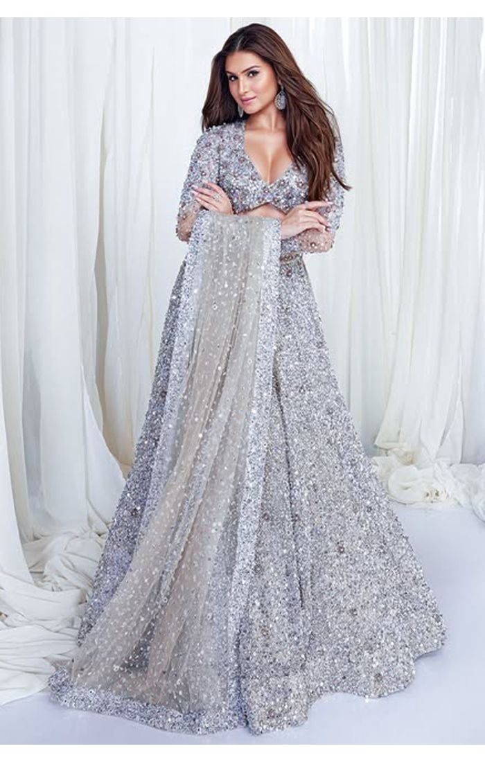 Buy Luxury Designer Silver Lehenga with Sequin Embellishments in UK and USA Taxes