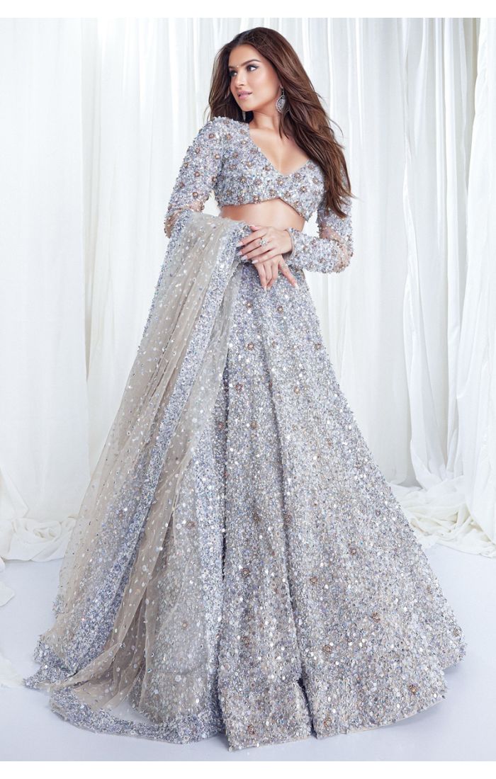 Buy Luxury Designer Silver Lehenga with Sequin Embellishments in UK and USA Taxes