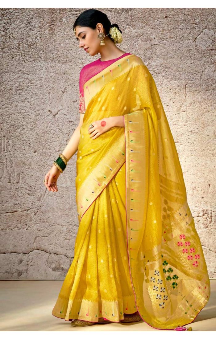 Designer Yellow Banarasi Silk Saree with Pink Embroidered Blouse - Perfect for Festive and Work Occasions