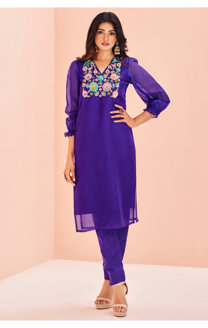 Eid Special Blue Embroidered Georgette Kurti with Floral Embroidery – Perfect for Festive Celebrations