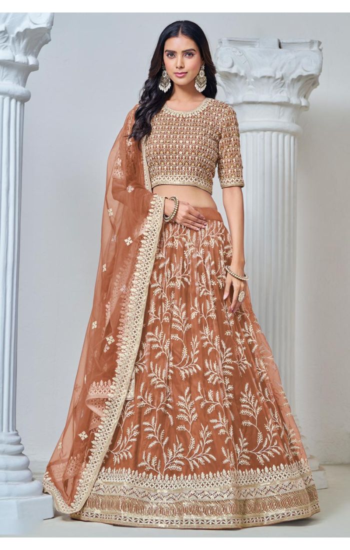 Shop Elegant Brown Net Embroidered Lehenga Choli Set with Dupatta in UK and USA Online - LEHV3898