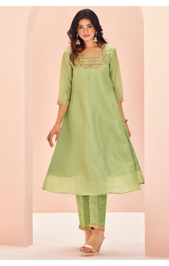 Pastel Green Zari Embroidered Organza Kurti for Eid Celebrations in London