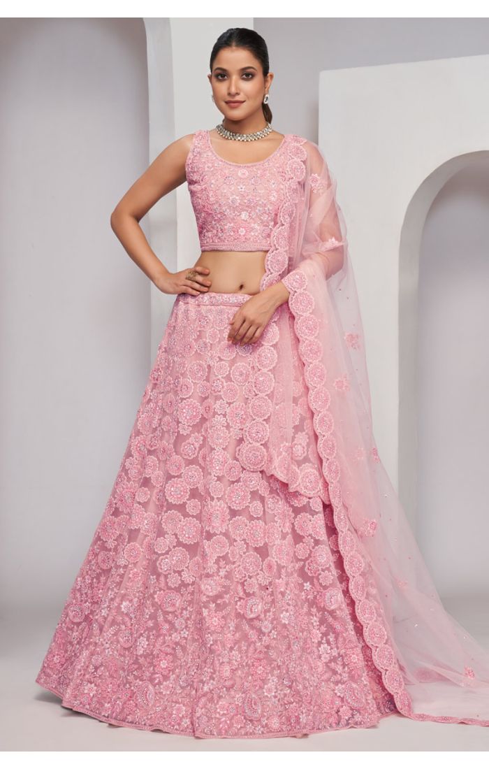 Elegant Pink Embroidered Net Bridal Lehenga with Floral Detailing.