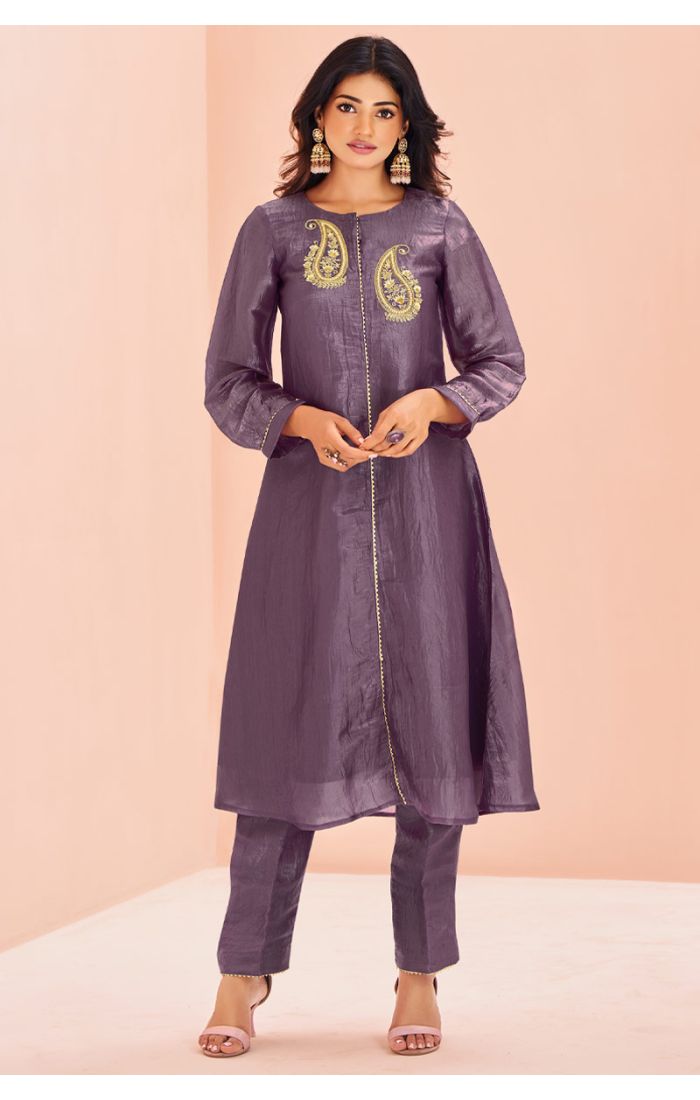 Elegant purple silk kurti with golden paisley embroidery, ideal for EID celebrations.