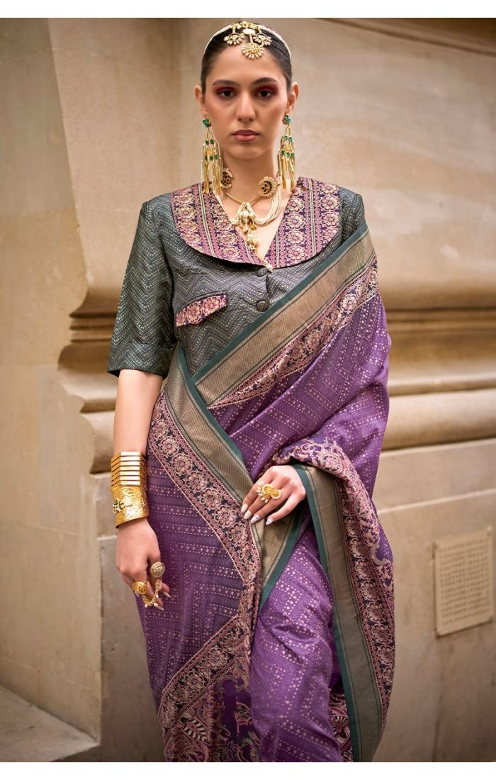 Violet Banarasi Silk Saree with Zari Work and Designer Blouse for Weddings & Festive Occasions.