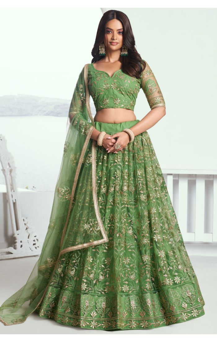 Get Embroidered Green Net Lehenga Choli for Weddings and Parties in Taxes USA and Canada Online - LEHV3903