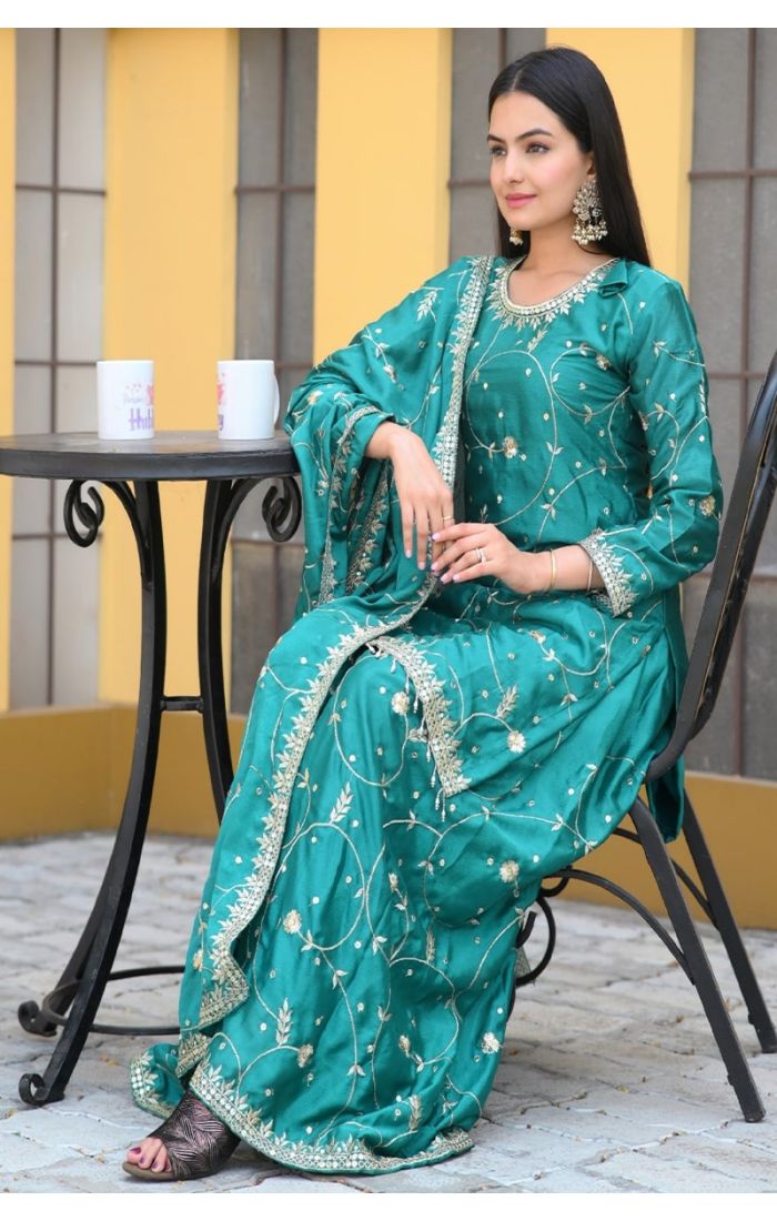 Emerald Green Chinon Sharara Suit with Embroidery & Dupatta – Wedding & Festive Wear