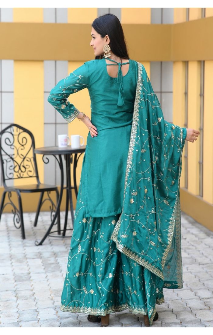 Emerald Green Chinon Sharara Suit with Embroidery & Dupatta – Wedding & Festive Wear