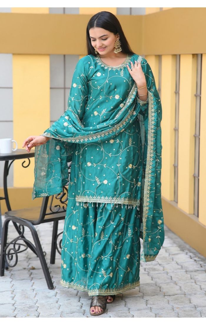 Emerald Green Chinon Sharara Suit with Embroidery & Dupatta – Wedding & Festive Wear